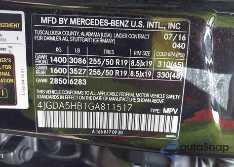 2016 Mercedes-Benz Gle 350 4Matic from USA, damaged, VIN 4JGDA5HB1GA811517